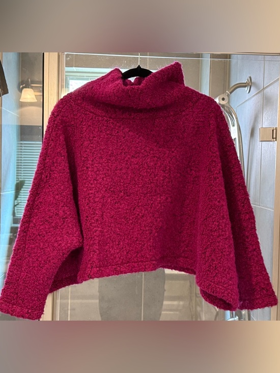 bryn Walker Sweaters - Bryn Walker Cozy Womens Boucle Knit Funnel Neck Cropped Sweater - Berry